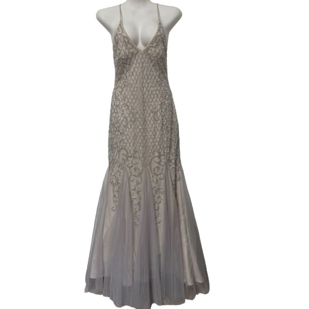 NWT Xscape Beaded Mermaid Dress in Silver size 8